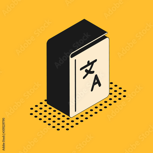Isometric Translator book icon isolated on yellow background. Foreign language conversation icons in chat speech bubble. Translating concept.  Vector Illustration