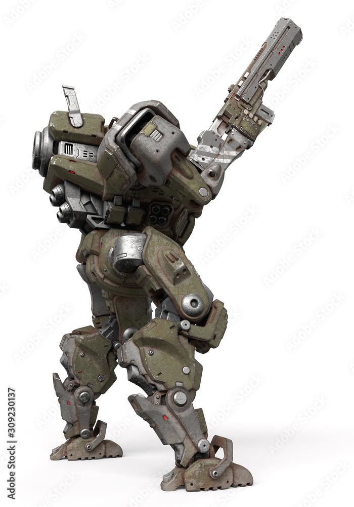Illustrazione Stock Sci-fi mechanical mech soldier standing with assault  gun in one hand. Concept art of military storm trooper robot green gray  color scratched metal armor. 3d illustration isolated on white background