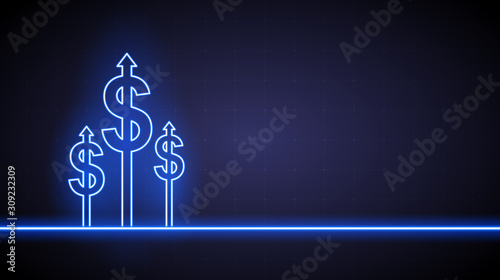 Neon light of growth financial chart with dollar graph arrow in stock market on blue color background