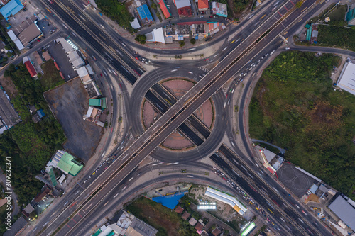 Beautiful Roundabout Rama 5 Aerial Top view Thailand with long exposure cars traffic