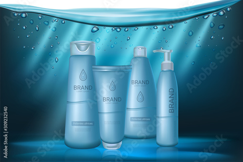 Baby blue cosmetics bottles mockup. Bodycare and haircare products on underwater view background. Package design mock up. Vector advertisement banner template. Brand identity. Promotional poster