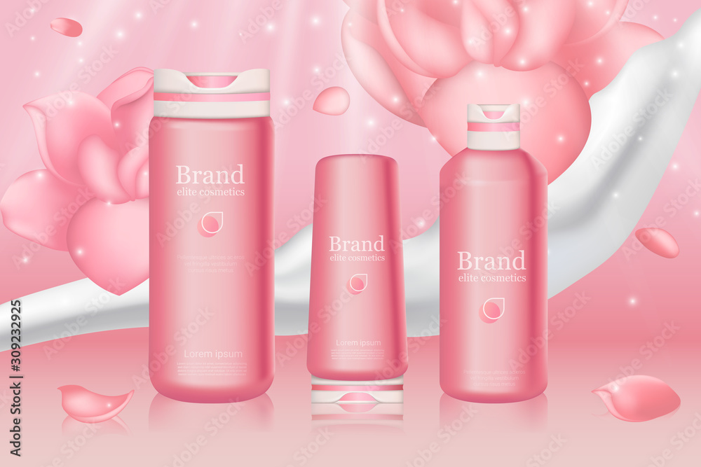 Pink haircare bottles with brand logo mockup. Shampoo and conditioner product package on cherry pink background and flowers. Ad template. Brand identity banner. Vector mock up with 3D illustration Pink haircare bottles with brand logo mockup. Shampoo and conditioner product package on cherry pink background and flowers. Ad template. Brand identity banner. Vector mock up with 3D illustration
