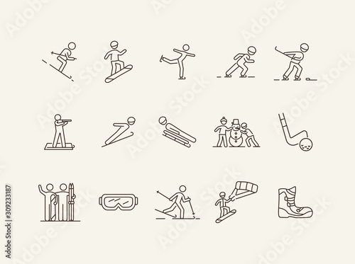 Winter sport thin line icon set