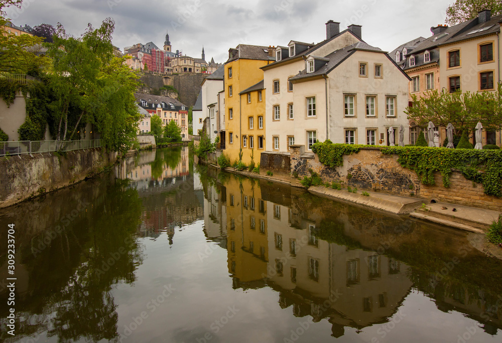 The beautiful reflection in Alzette River in Luxembourg City, Luxembourg.