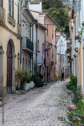 Fototapeta Naklejka Na Ścianę i Meble -  Cobblestone alley winding through traditional Portuguese old town buildings