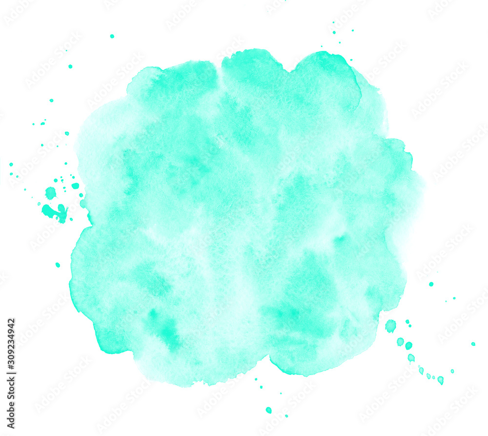 Aqua menthe, mint green watercolor round background, frame. Uneven circle shape with watercolour stains, splashes, blobs. Painted template for lettering. Hand drawn abstract aquarelle fill, texture