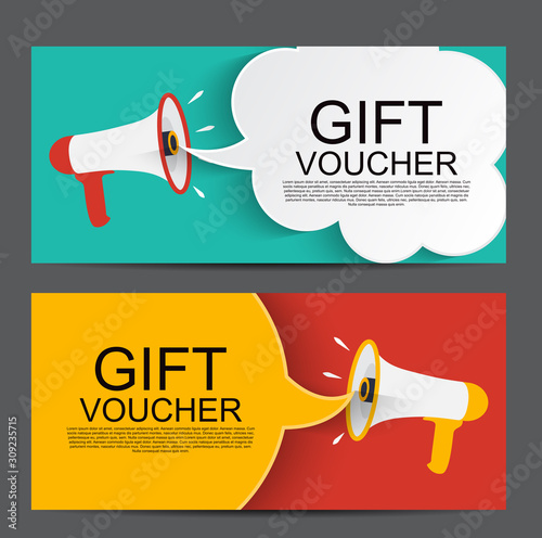 Megaphone with speech bubble. Gift voucher concept template background. Vecto...