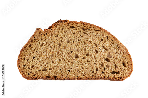 Print op canvas Closeup of one slice dark rye bread loaf isolated on white background