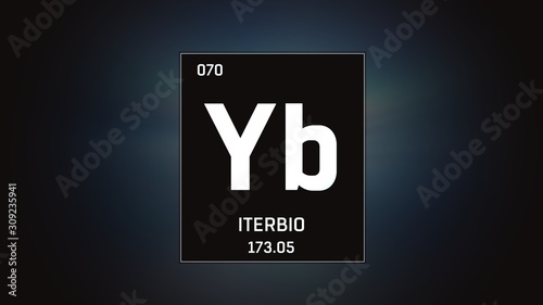 3D illustration of Ytterbium as Element 70 of the Periodic Table. Grey illuminated atom design background with orbiting electrons. Name, atomic weight, element number in Spanish language