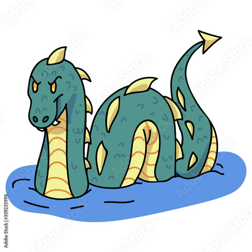 Adorable Cartoon Nessie Clip Art. Wild Mythical Animal Icon. Hand Drawn Legendary Beast Mythology Illustration Doodle in Flat Color. Isolated Loch Ness Monster, Wildlife, Character. Vector EPS 10. 