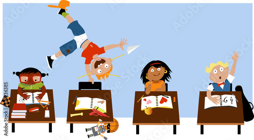 Child with ADHD acting out in a classroom, EPS 8 vector illustration