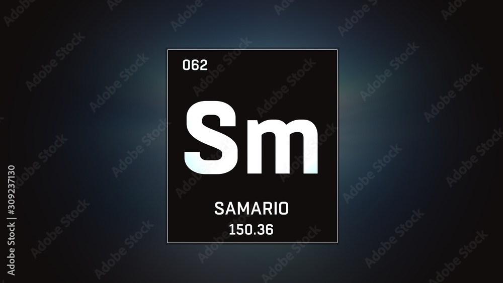 3D illustration of Samarium as Element 62 of the Periodic Table. Grey illuminated atom design background with orbiting electrons. Name, atomic weight, element number in Spanish language 3D illustration of Samarium as Element 62 of the Periodic Table. Grey illuminated atom design background with orbiting electrons. Name, atomic weight, element number in Spanish language