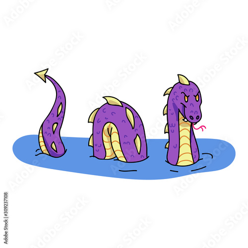 Adorable Cartoon Sea Monster Clip Art. Wild Mythical Animal Icon. Hand Drawn Legendary Beast from Lake Mythology Motif Illustration Doodle in Flat Color. Isolated Loch Ness. Vector EPS 10. 