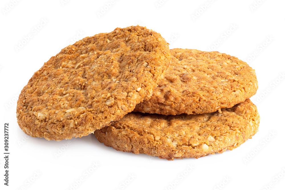 Three crunchy oat and wholemeal biscuits isolated on white. Three crunchy oat and wholemeal biscuits isolated on white.