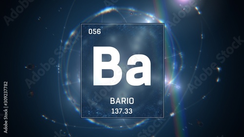 3D illustration of Barium as Element 56 of the Periodic Table. Blue illuminated atom design background with orbiting electrons. Name, atomic weight, element number in Spanish language photo