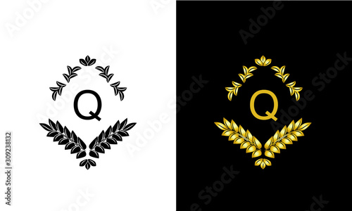 Design of magnificent ancient monogram. Decorative ornament on dark and light background with letter Q. Gold and black pattern of brand, business sign, restaurant, boutique, hotel, emblem, jewelry.