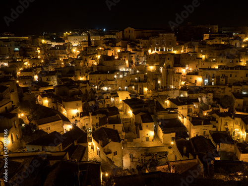 Italy  april 2019  Sassi is an ancient district of Matera by night  landscape by night  night lights