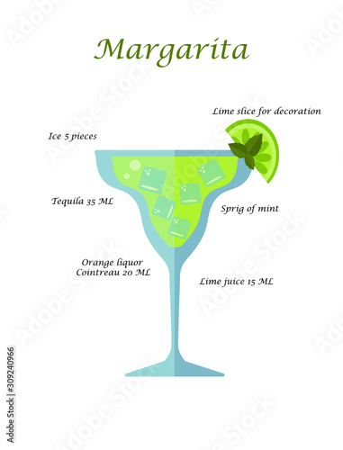  A glass of low alcohol margarita cocktail and its recipe on a white background. flat vector. illustration