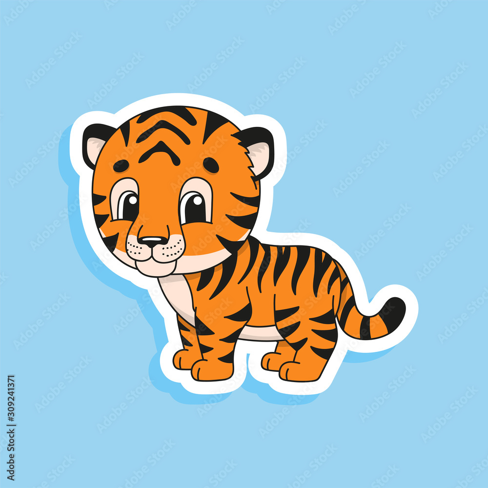 Striped tiger. Bright color sticker of a cute cartoon character. Flat vector illustration isolated on color background. Design element. Striped tiger. Bright color sticker of a cute cartoon character. Flat vector illustration isolated on color background. Design element.