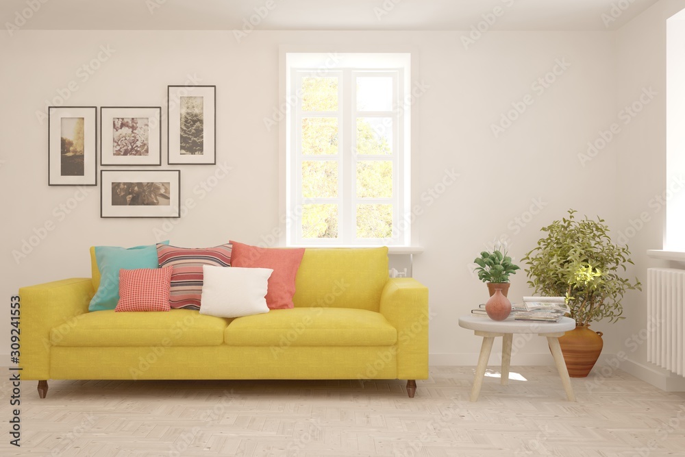 Stylish room in white color with sofa. Scandinavian interior design. 3D illustration Stylish room in white color with sofa. Scandinavian interior design. 3D illustration