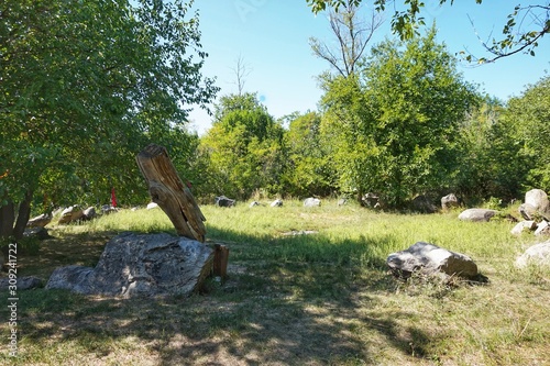 Ancient cromlech, Perunovo temple, circle of stones place of power in Nikolsky on the Dnieper in Ukraine. photo