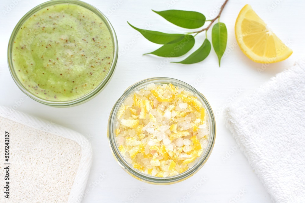 Natural, homemade body scrubs with lemon, salt, kiwi fruit, avocado. Skin treatment, remedies. Natural, homemade body scrubs with lemon, salt, kiwi fruit, avocado. Skin treatment, remedies.