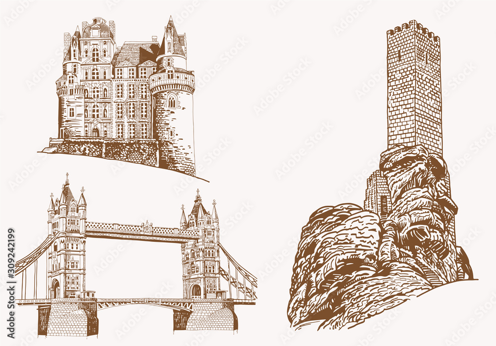 Graphical vintage set of architecture ,vector sightseeing Stock Vector ...