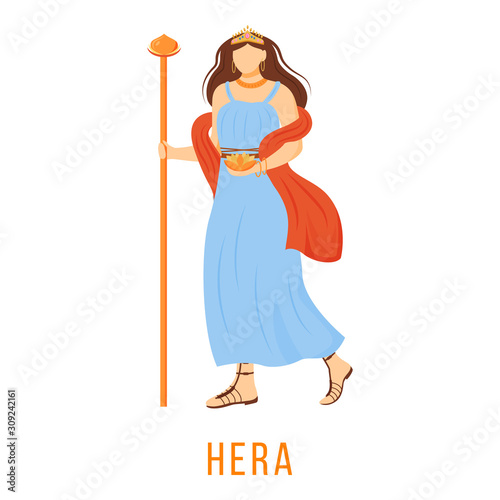 Hera flat vector illustration. Ancient Greek deity. Goddess of marriage, childbirth. Queen of Olympian gods. Mythology. Divine mythological figure. Isolated cartoon character on white background