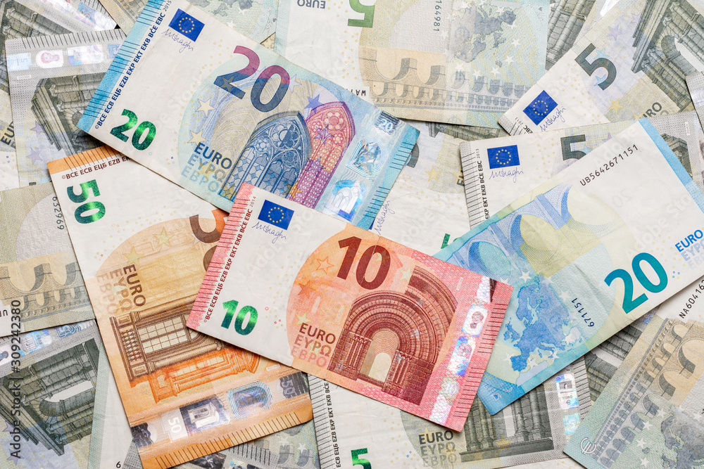Different euro banknotes, nice texture of paper money. 2019 Different euro banknotes, nice texture of paper money. 2019
