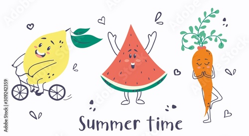 Summer time cute card with lemon, watermelon and carrot vector illustration. Funny cartoon characters having fun together riding bike, smiling and meditating. Isolated on white background