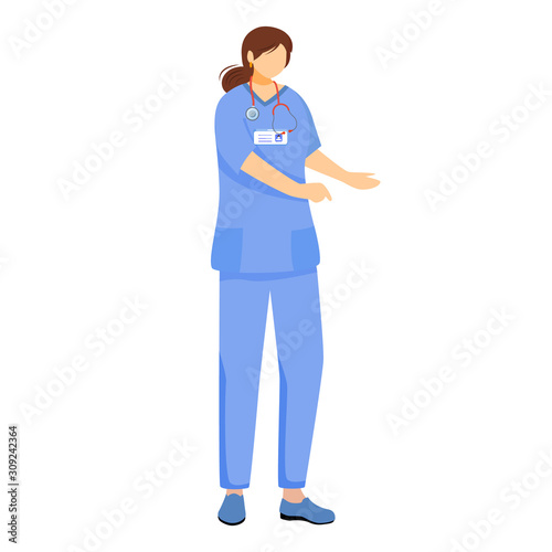 Female doctor flat vector illustration. Woman in medical blue uniform. Nurse, therapist, specialist cartoon character. Medic, general practitioner with stethoscope isolated on white background