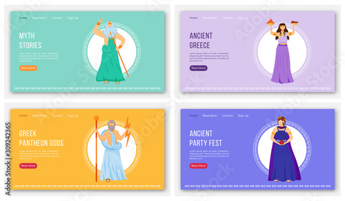 Ancient cultures landing page vector template set. Myths and legends. Ancient greek gods website interface idea with flat illustrations. Homepage layout, web banner, webpage cartoon concept