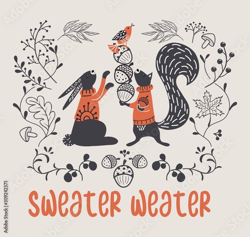 Sweater weather cozy autumn template with animals vector illustration. Poster with funny squirrel and hare in sweaters picking acorns flat style design. Isolated on gray background