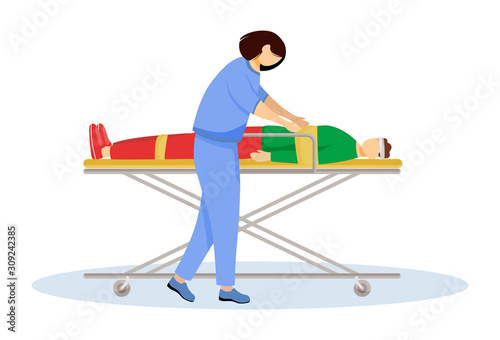Paramedic with injured patient on stretcher flat vector illustration. Urgent care, resuscitation, reanimation. Emergency rescue worker, medic. Emt, doctor cartoon character isolated on white