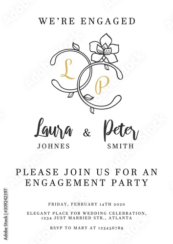 Wedding invitation design template with floral elements vector illustration. Stylish inviting template to engagement party with place for text. Isolated on white
