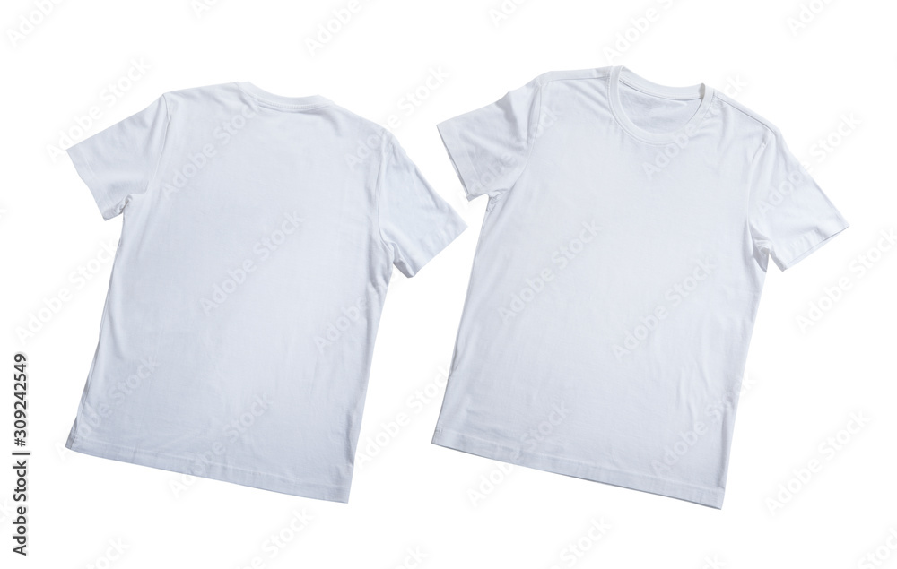 T-shirt design fashion concept, closeup of man and boy in blank white t-shirt, shirt front end rear isolated. Mock up. T-shirt design fashion concept, closeup of man and boy in blank white t-shirt, shirt front end rear isolated. Mock up.