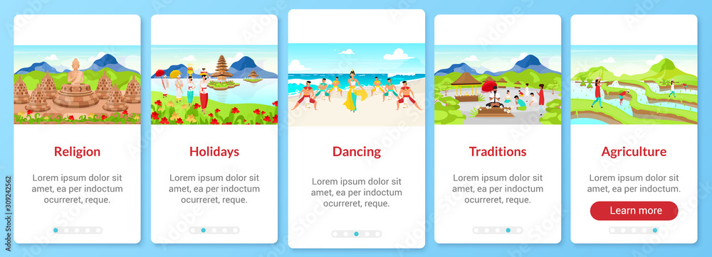 Indonesia culture onboarding mobile app screen vector template. Tourist attractions. Walkthrough website steps with flat characters. UX, UI, GUI smartphone cartoon interface concept