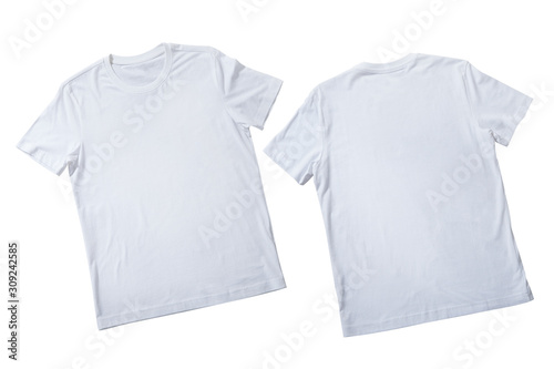 T-shirt design fashion concept, closeup of man and boy in blank white t-shirt, shirt front end rear isolated. Mock up.