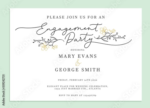 Engagement party invitation card template vector illustration. Inviting stylish design in frame with floral elements and place for text. Wedding concept