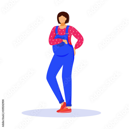 Pregnant woman flat vector illustration. Prenatal expectation. Waiting for baby. Standing brunette caucasian lady holding her tummy cartoon character on white background
