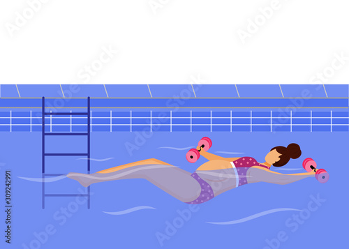 Pregnant woman swimming in pool flat vector illustration. Healthy lifestyle. Young mother in bikini exercising in water with weights cartoon character on white background