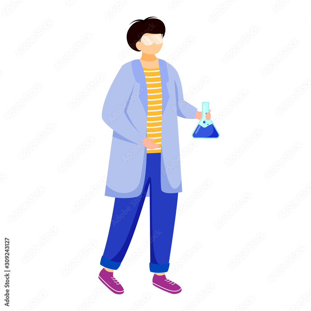 Science student in lab coat flat vector illustration. Boy studies chemistry. Practical lessons in university. Man with laboratory flask and glasses isolated cartoon character on white background