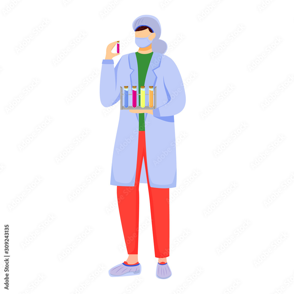 Scientist in lab coat with mask protection flat vector illustration. Studying medicine, chemistry. Conducting experiment. Woman with test tubes isolated cartoon character on white background Scientist in lab coat with mask protection flat vector illustration. Studying medicine, chemistry. Conducting experiment. Woman with test tubes isolated cartoon character on white background