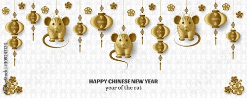 Happy Chinese New Year background with creative golden rat, sakura branches with flowers and hanging lanterns. Gold colored template.