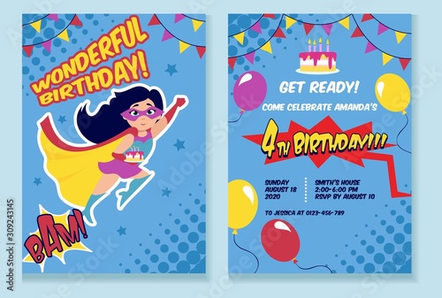 Birthday party invitation card with cute girl vector illustration. Birth inviting template with funny kid in superhero costume, air balloons and holiday cake