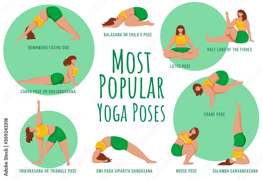 Popular yoga poses green vector infographic template. Body positive females. Poster, booklet page concept design with flat illustrations. Advertising flyer, leaflet, banner with workflow layout idea