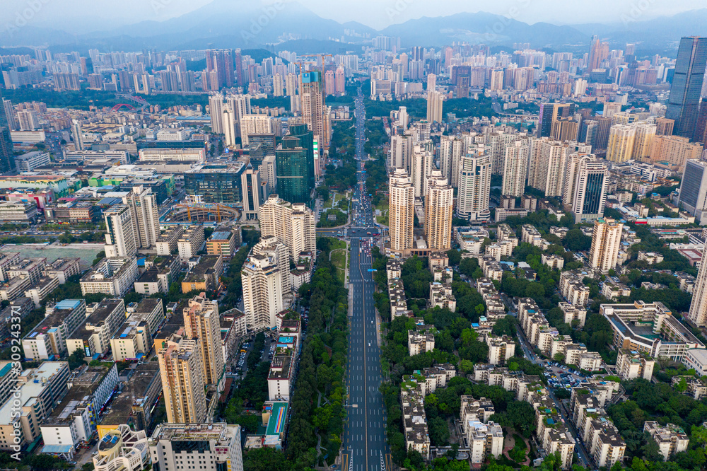 a bird's view of a main road in downtown shenzhen china