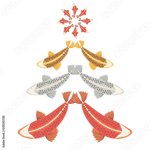 Christmas vector tree of multi-colored carps ribs isolated object on a white background.