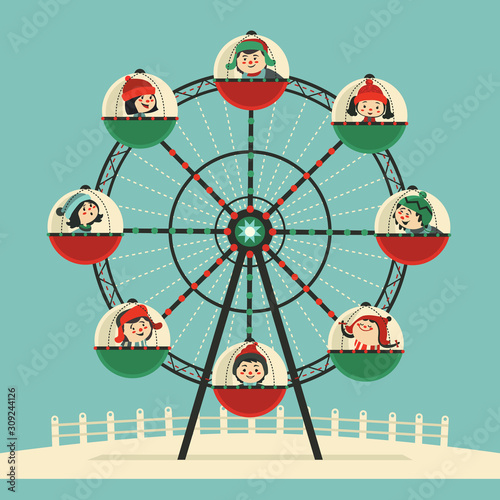 Happy kids ride on Ferris wheel flat color vector