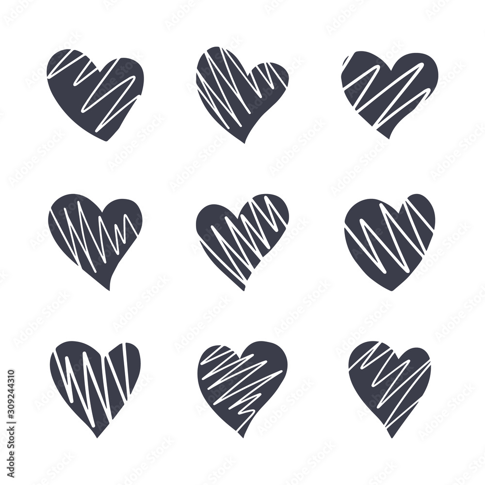 Set of isolated hearts on a white background. Freehand sketch. Abstract geometric texture. Set of isolated hearts on a white background. Freehand sketch. Abstract geometric texture.